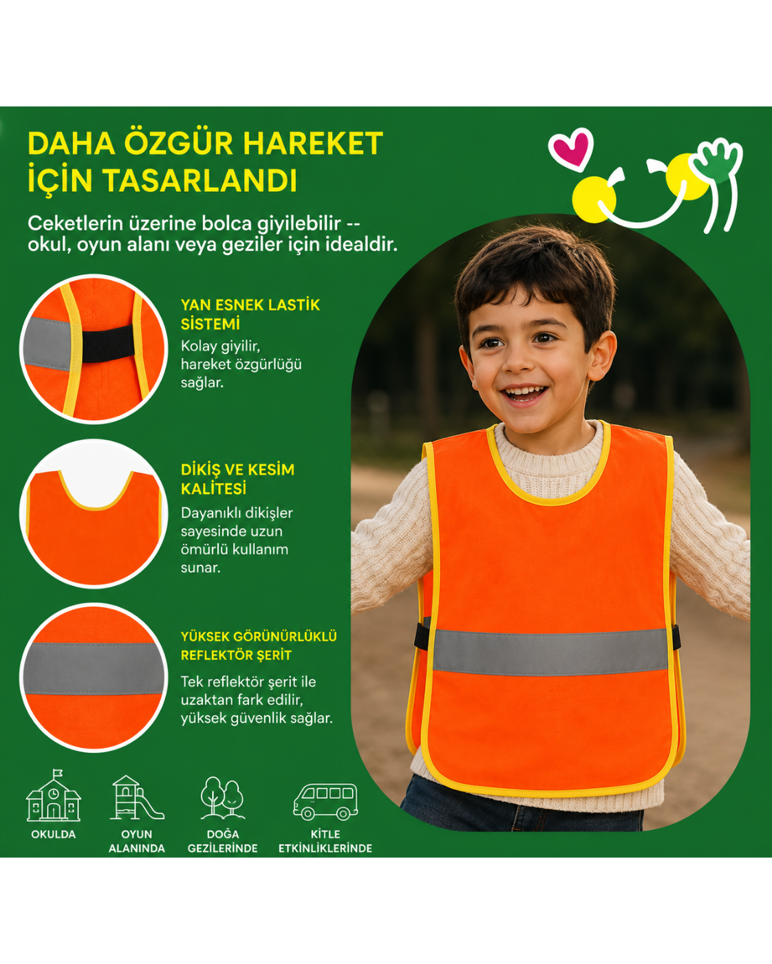 Çocuk İkaz Yeleği / Anaokulu Gezi Önlüğü - Turuncu